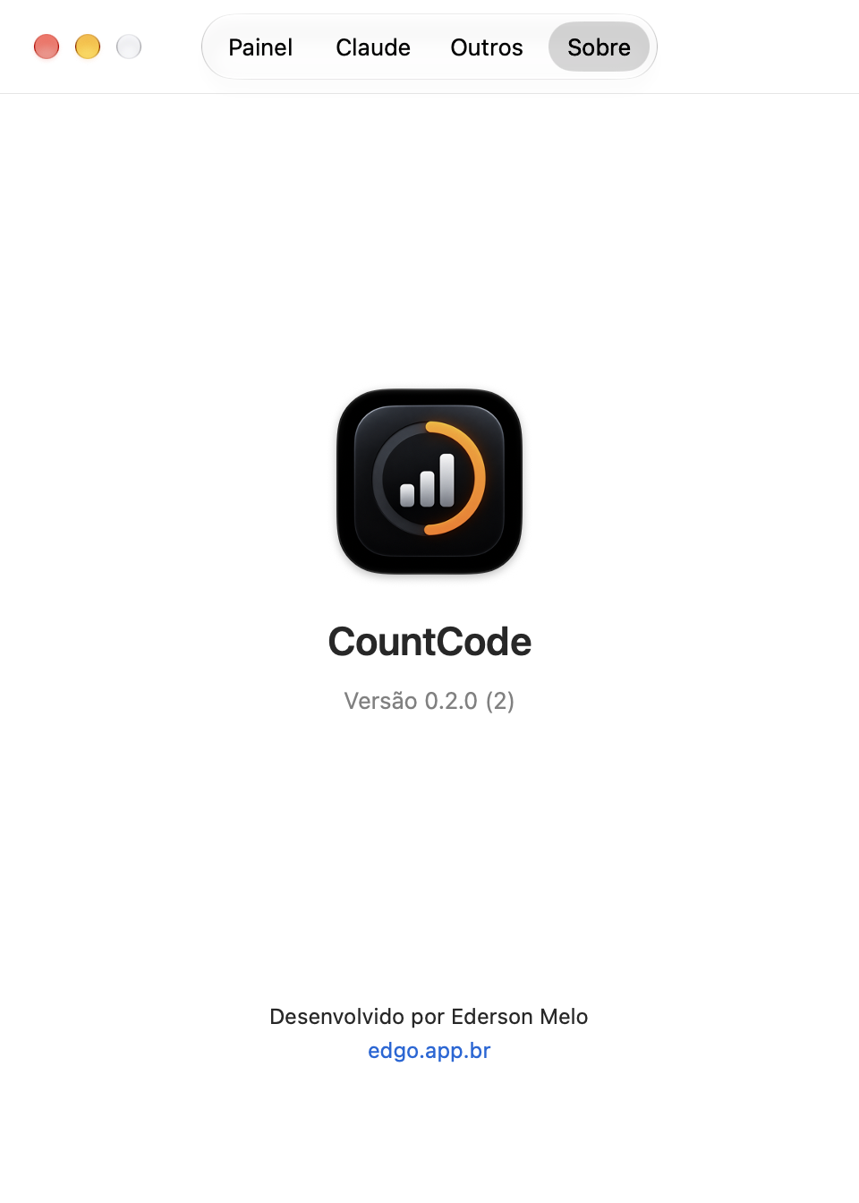 Aba Sobre das Configurações com o ícone do CountCode, a versão instalada e o link para edgo.app.br