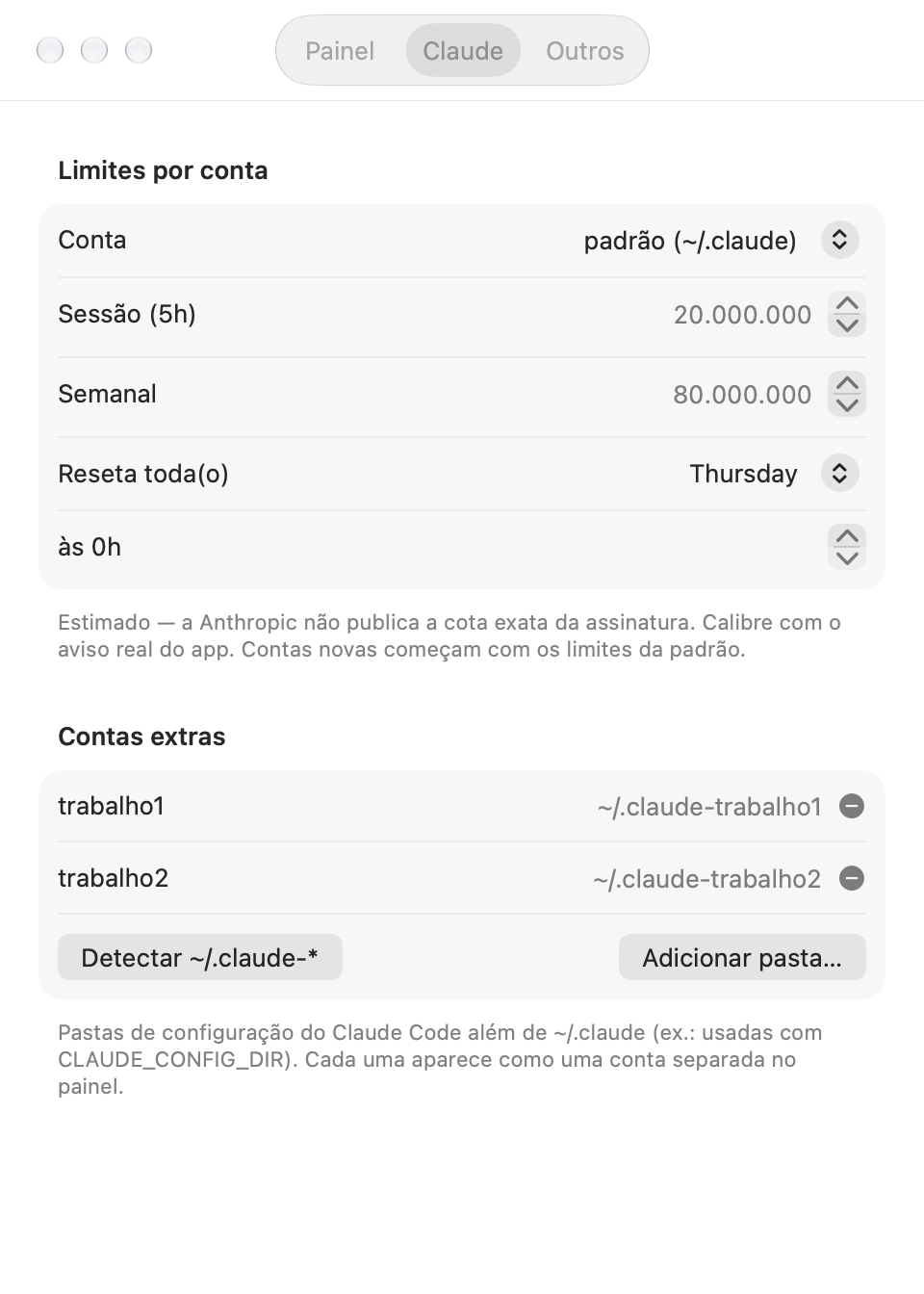 Aba Claude das Configurações: limites por conta com sessão de 5h, cota semanal e dia do reset, e a lista de contas extras trabalho1 e trabalho2